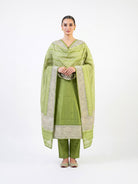 Pista Green Printed Chanderi Silk Handloom Banarasi Suit - Sacred Weaves