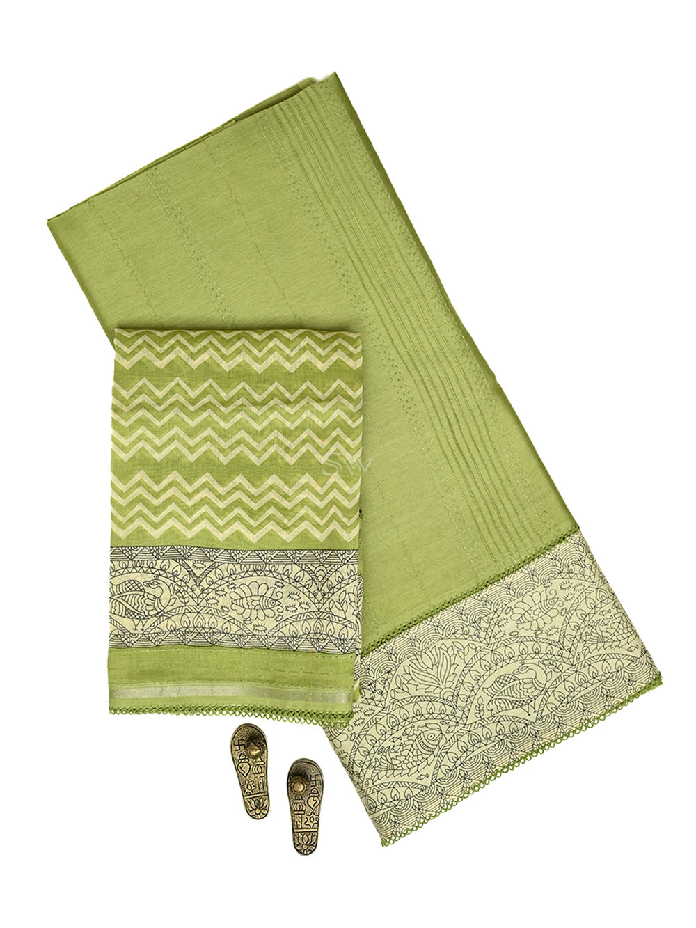 Pista Green Printed Chanderi Silk Handloom Banarasi Suit - Sacred Weaves