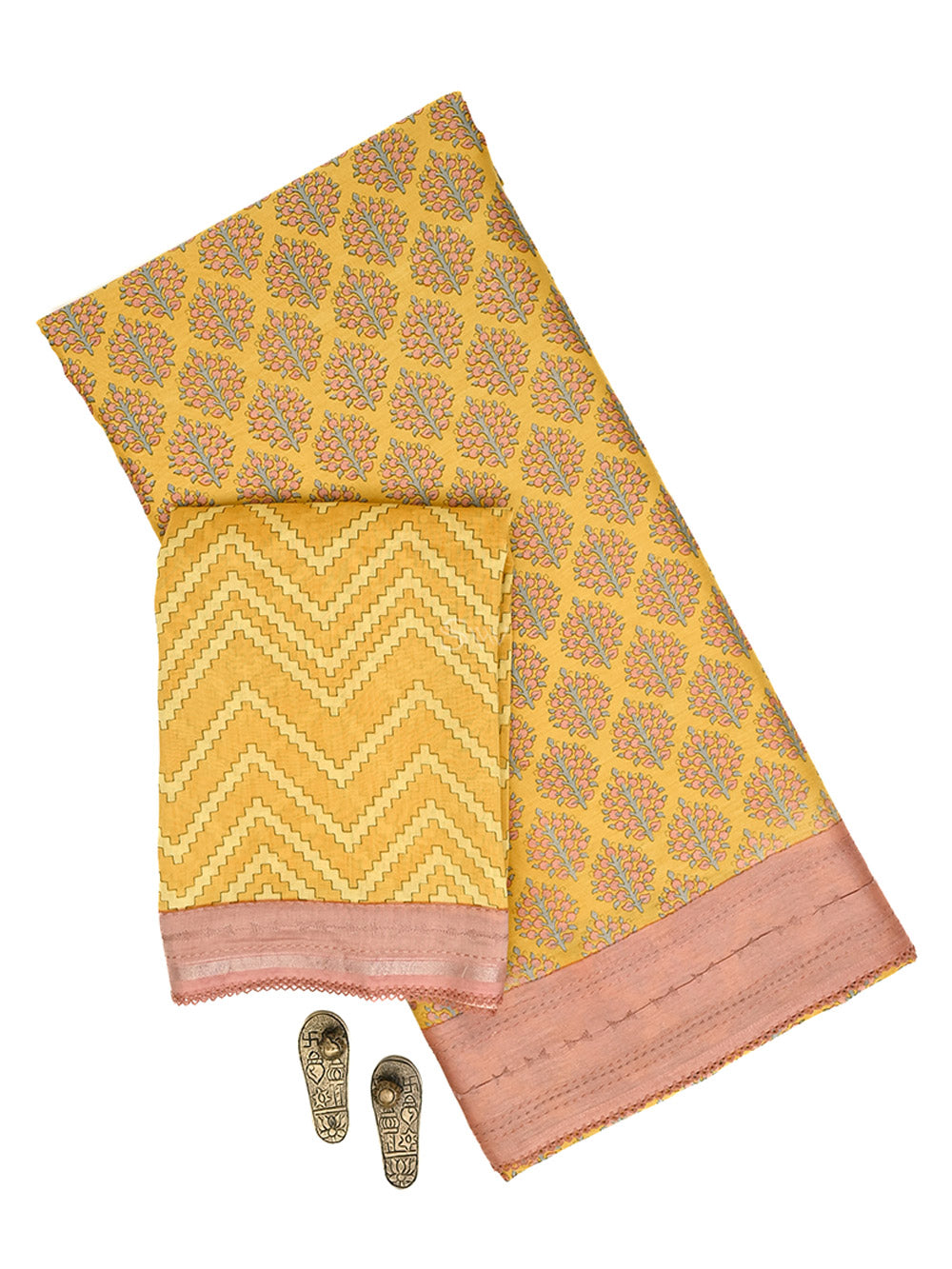 Yellow Printed Chanderi Silk Handloom Banarasi Suit - Sacred Weaves