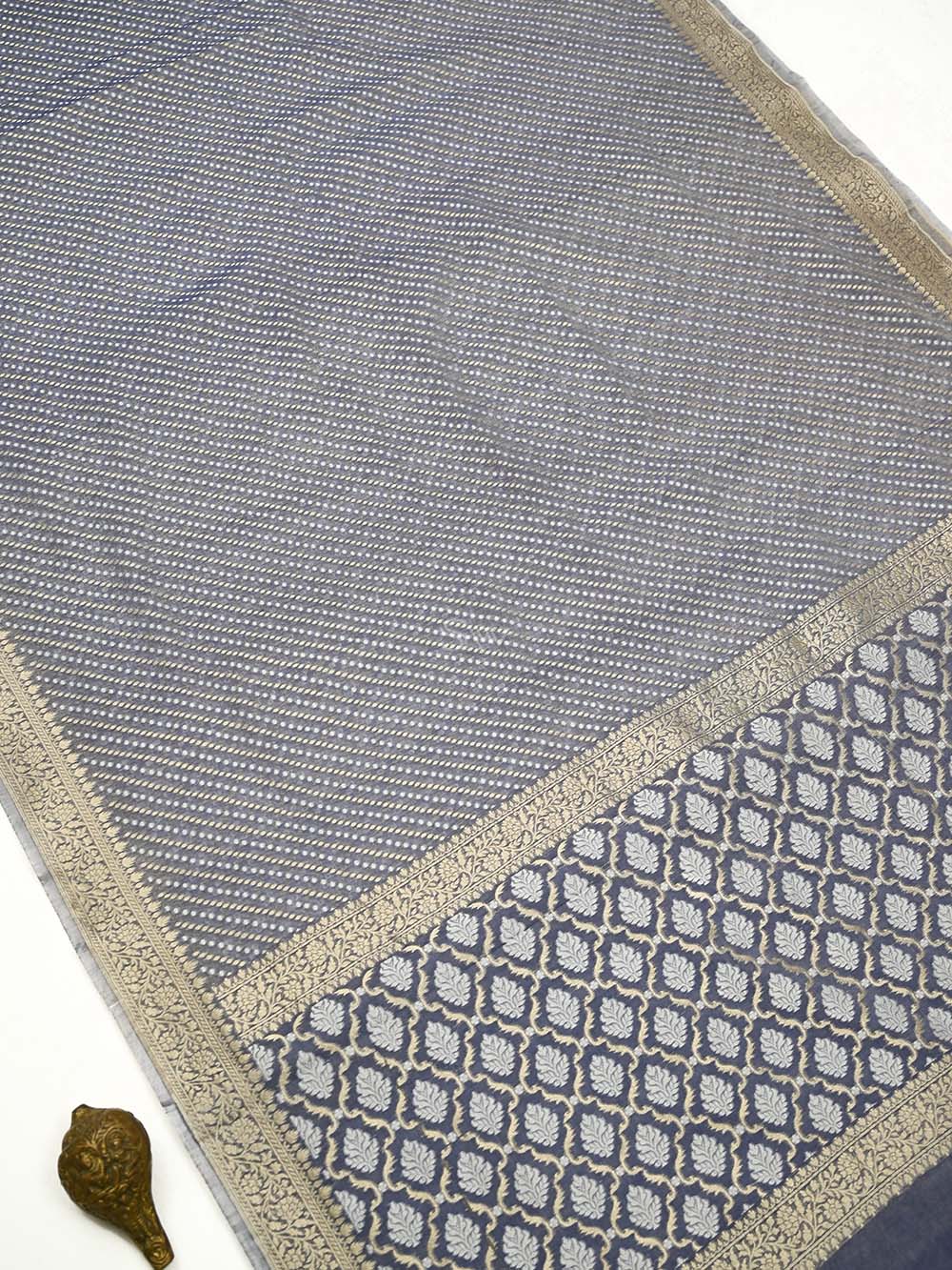 Blue Grey Zari Cotton Saree - Sacred Weaves