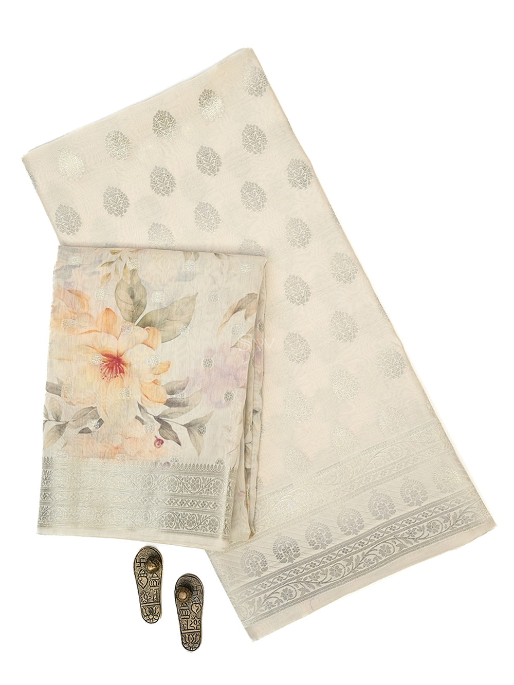 Cream Cotton Silk Handloom Banarasi Suit