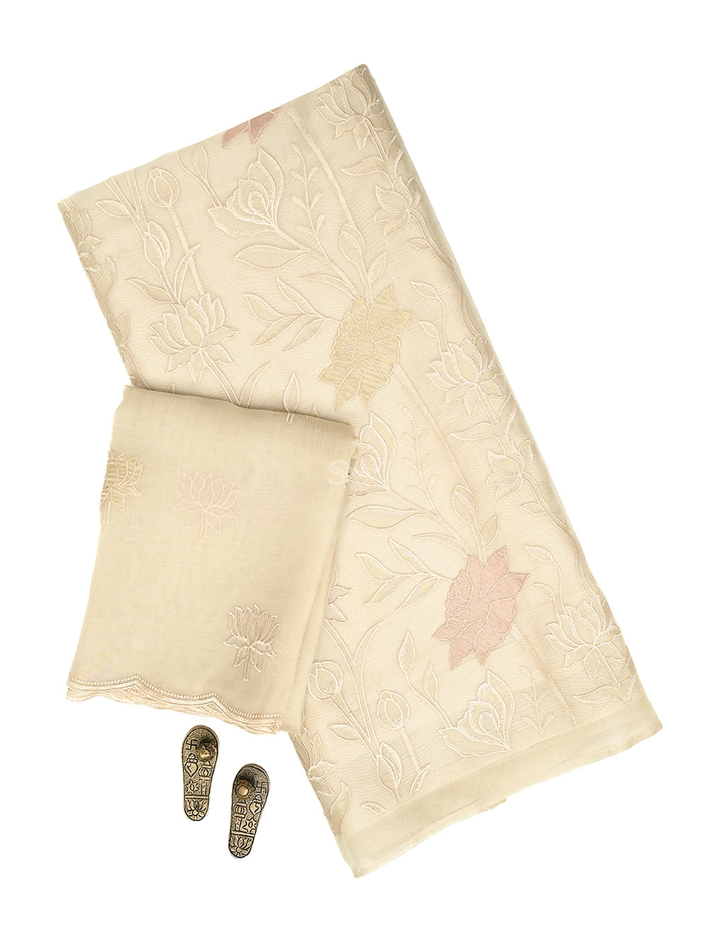 Cream Embroidered Organza Handloom Banarasi Suit - Sacred Weaves