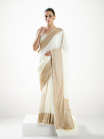 Off White Plain Crepe Silk Handloom Banarasi Saree - Sacred Weaves