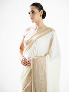 Off White Plain Crepe Silk Handloom Banarasi Saree - Sacred Weaves