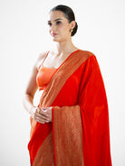 Orange Plain Crepe Silk Handloom Banarasi Saree - Sacred Weaves