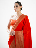 Orange Plain Crepe Silk Handloom Banarasi Saree - Sacred Weaves