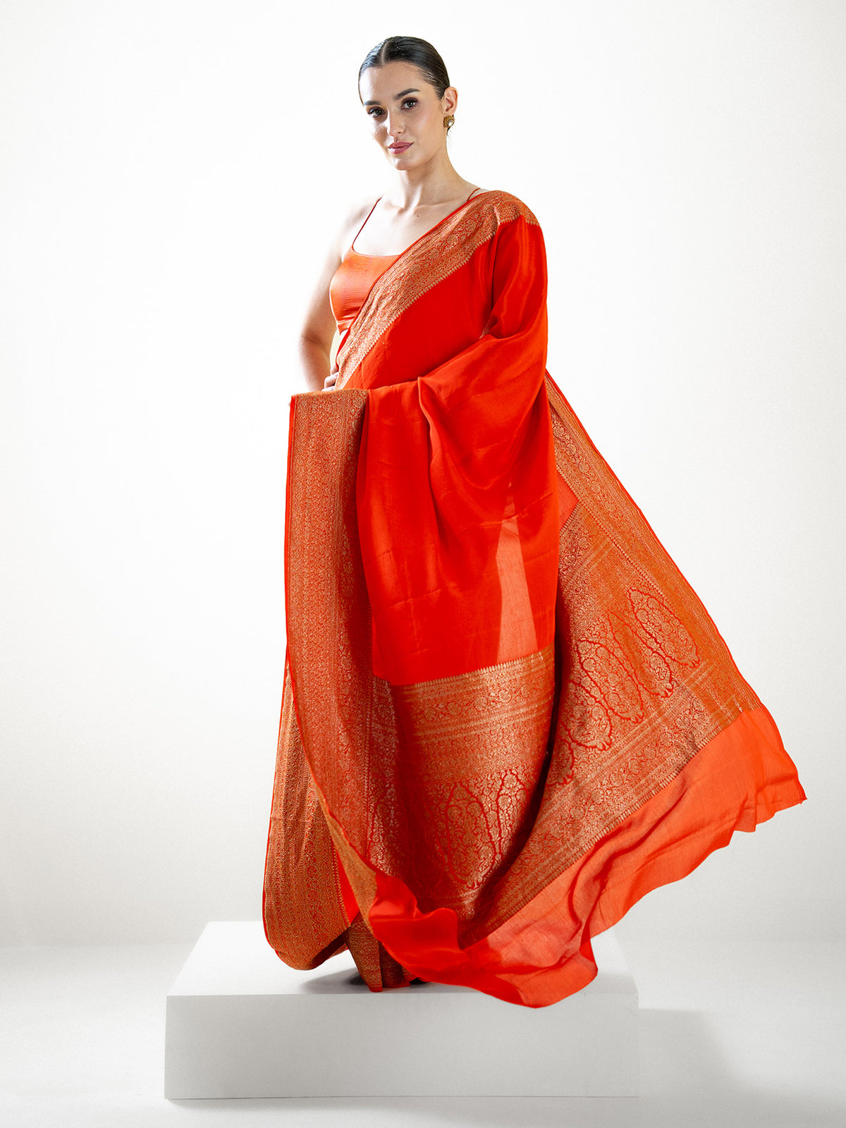 Orange Plain Crepe Silk Handloom Banarasi Saree - Sacred Weaves