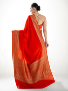 Orange Plain Crepe Silk Handloom Banarasi Saree - Sacred Weaves