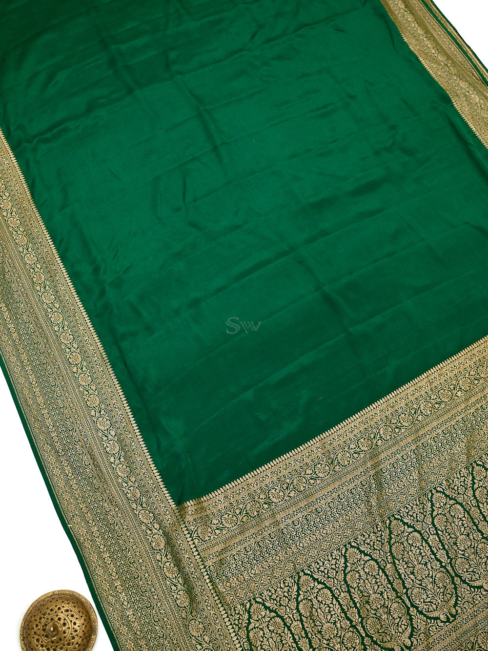 Bottle Green Plain Crepe Silk Handloom Banarasi Saree - Sacred Weaves