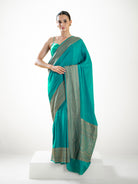 Teal Green Plain Crepe Silk Handloom Banarasi Saree - Sacred Weaves