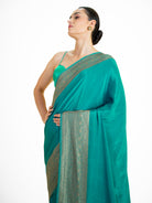 Teal Green Plain Crepe Silk Handloom Banarasi Saree - Sacred Weaves