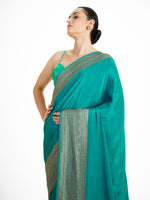 Teal Green Plain Crepe Silk Handloom Banarasi Saree - Sacred Weaves