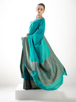 Teal Green Plain Crepe Silk Handloom Banarasi Saree - Sacred Weaves