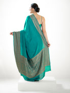 Teal Green Plain Crepe Silk Handloom Banarasi Saree - Sacred Weaves