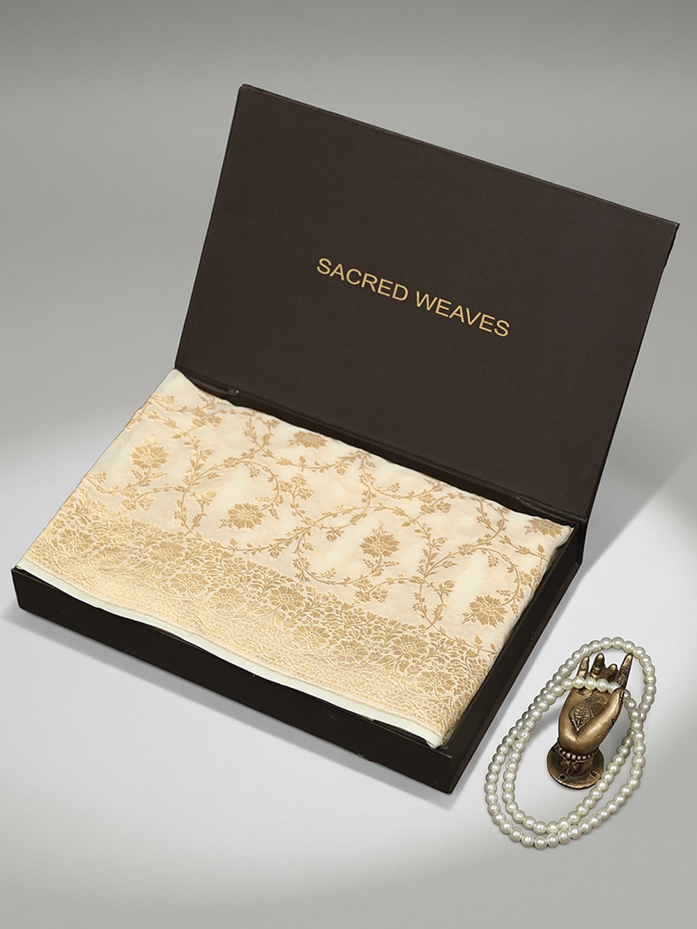 Cream Jaal Khaddi Georgette Handloom Banarasi Saree - Sacred Weaves