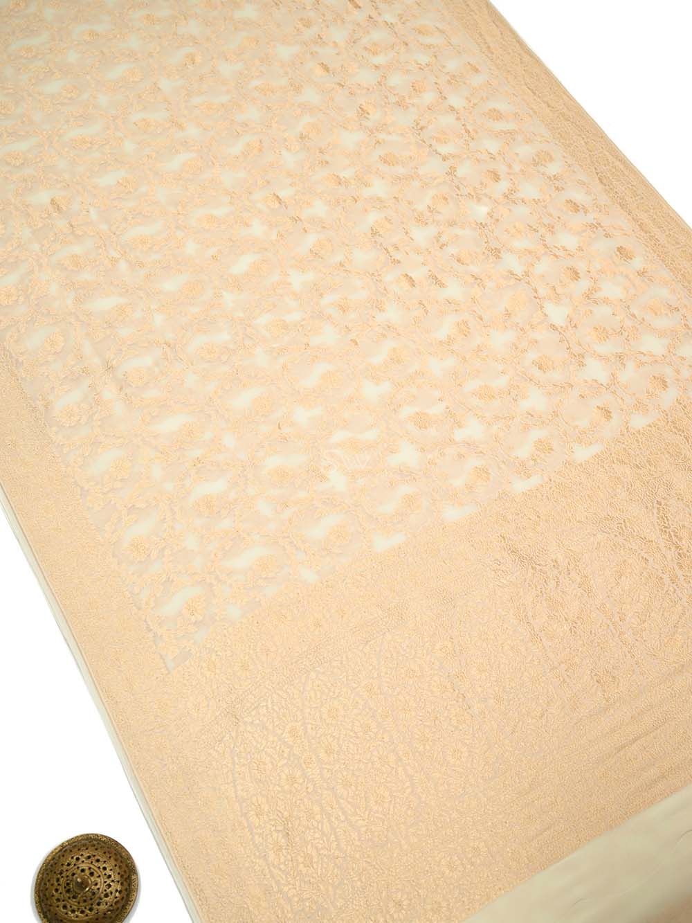 Cream Jaal Khaddi Georgette Handloom Banarasi Saree - Sacred Weaves