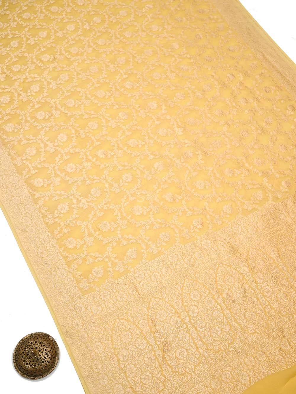 Yellow Jaal Khaddi Georgette Handloom Banarasi Saree - Sacred Weaves