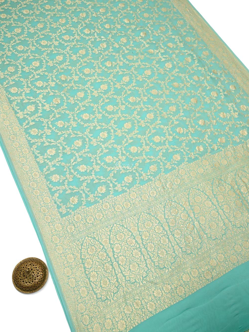 Sea Green Jaal Khaddi Georgette Handloom Banarasi Saree - Sacred Weaves