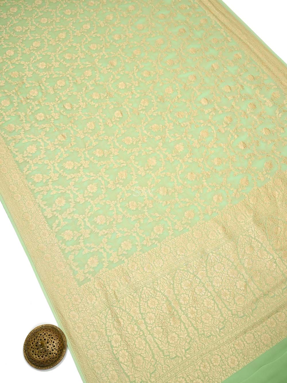 Pista Green Jaal Khaddi Georgette Handloom Banarasi Saree - Sacred Weaves