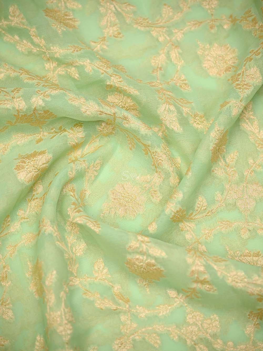 Pista Green Jaal Khaddi Georgette Handloom Banarasi Saree - Sacred Weaves