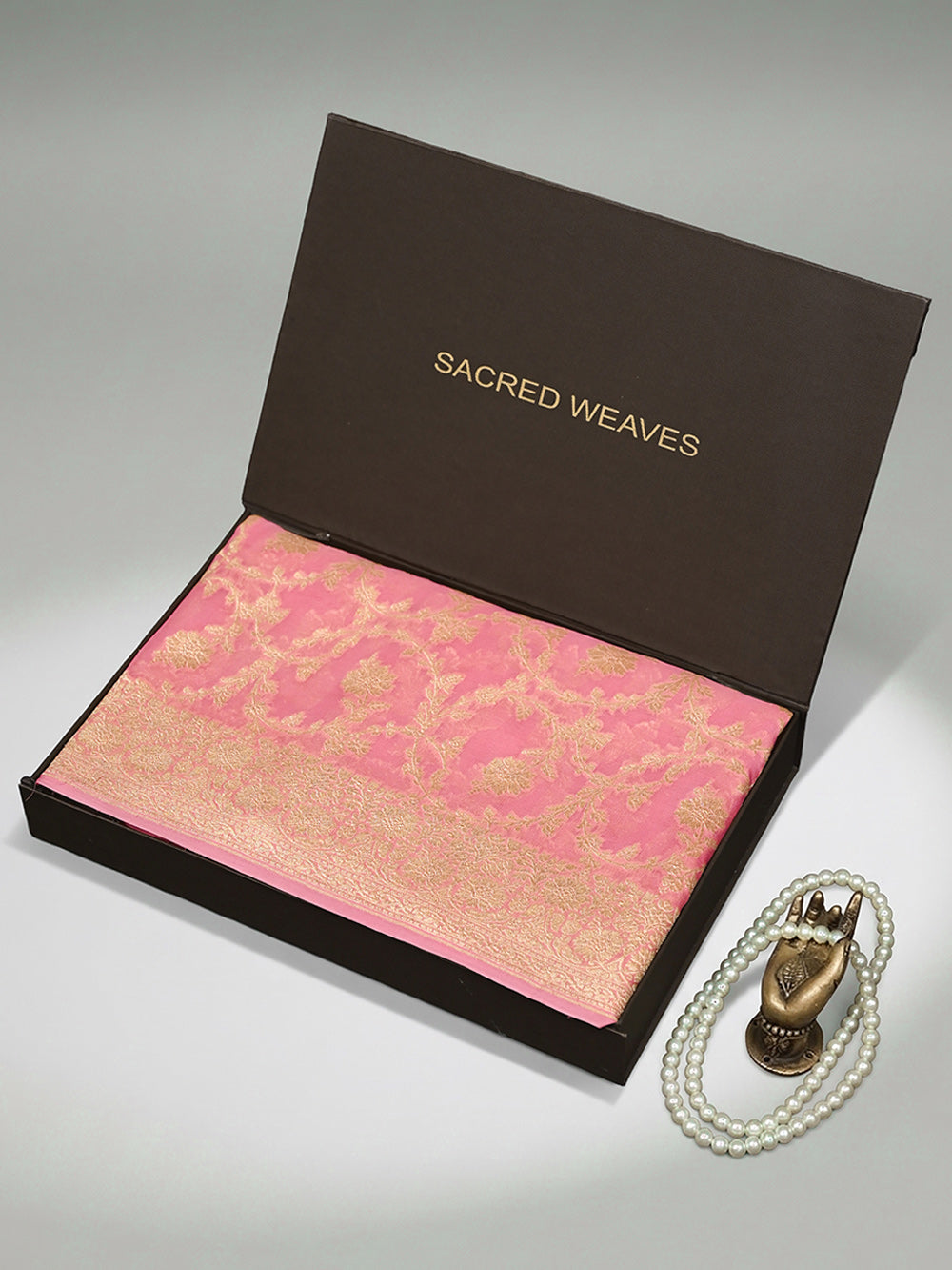 Pastel Pink Jaal Khaddi Georgette Handloom Banarasi Saree - Sacred Weaves