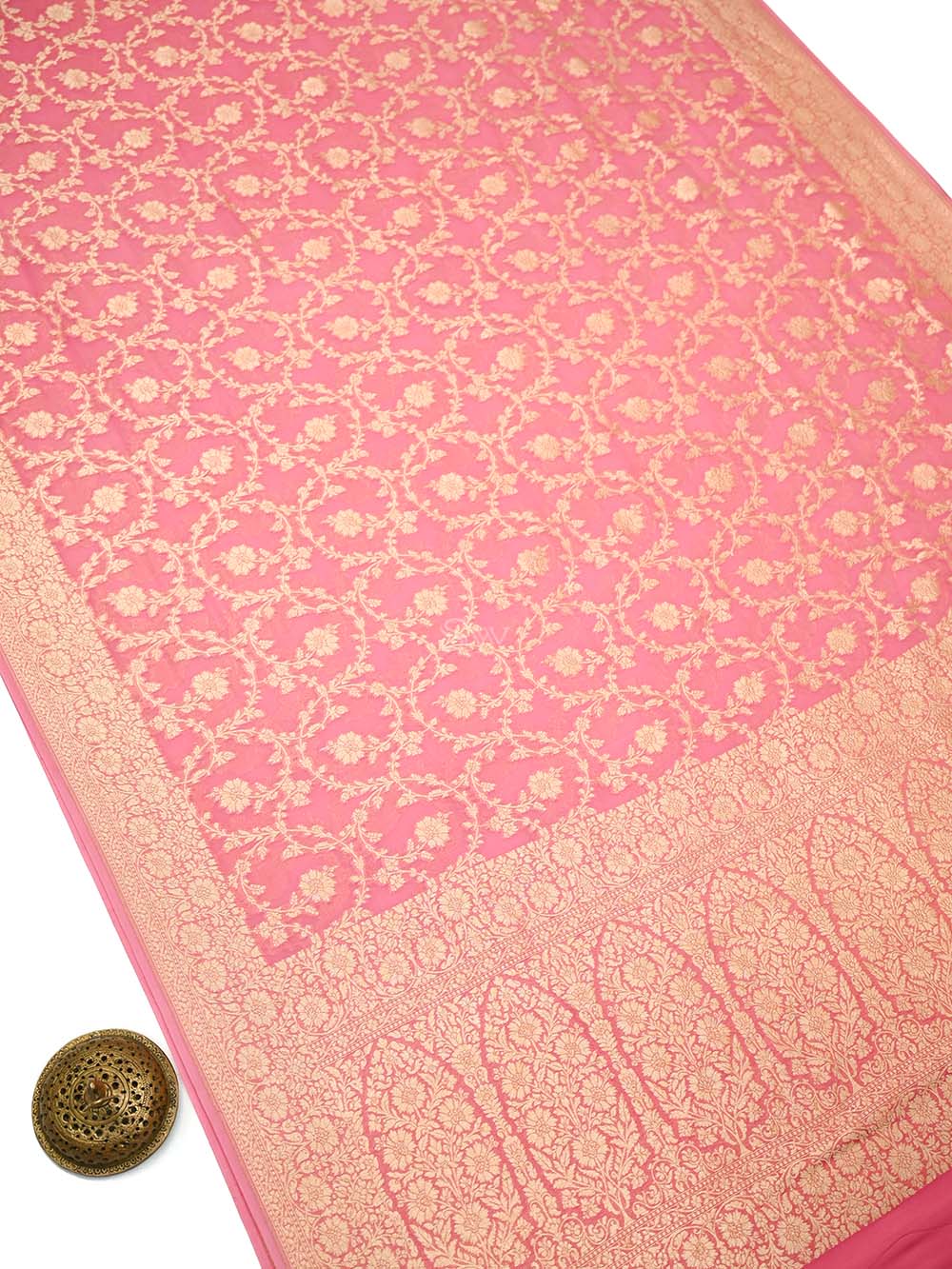 Pastel Pink Jaal Khaddi Georgette Handloom Banarasi Saree - Sacred Weaves