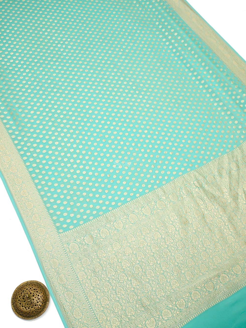 Sea Green Booti Khaddi Georgette Handloom Banarasi Saree - Sacred Weaves