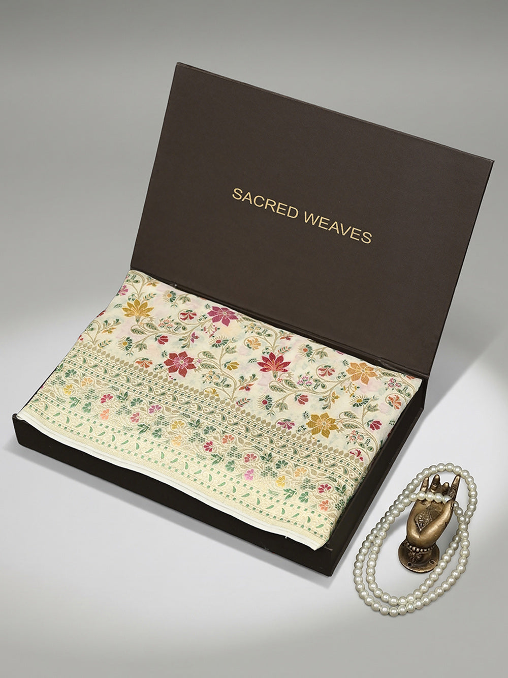 Cream Meenakari Jaal Khaddi Georgette Handloom Banarasi Saree - Sacred Weaves