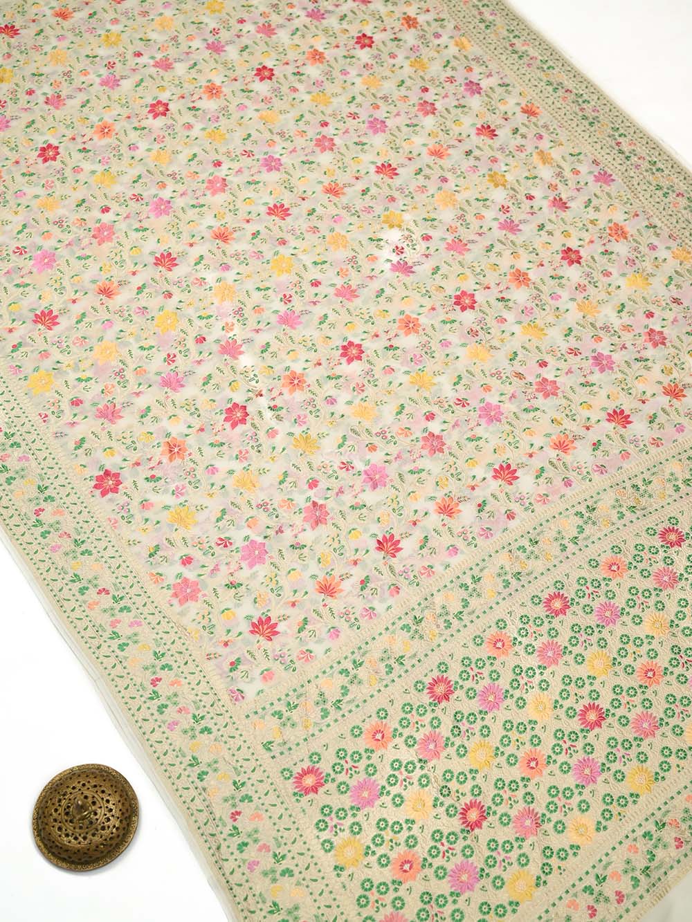 Cream Meenakari Jaal Khaddi Georgette Handloom Banarasi Saree - Sacred Weaves