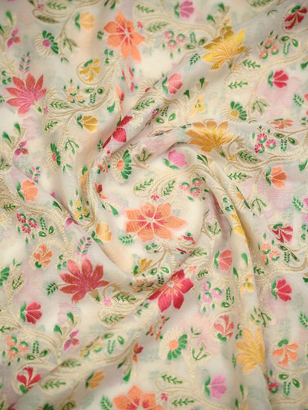 Cream Meenakari Jaal Khaddi Georgette Handloom Banarasi Saree - Sacred Weaves