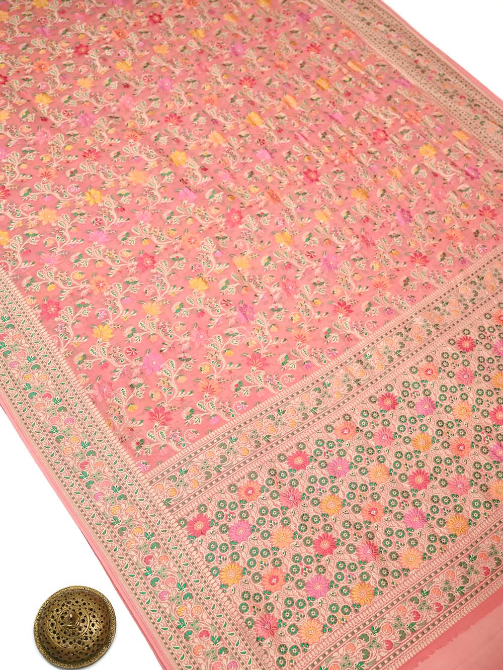 Pastel Peach Meenakari Jaal Khaddi Georgette Handloom Banarasi Saree - Sacred Weaves