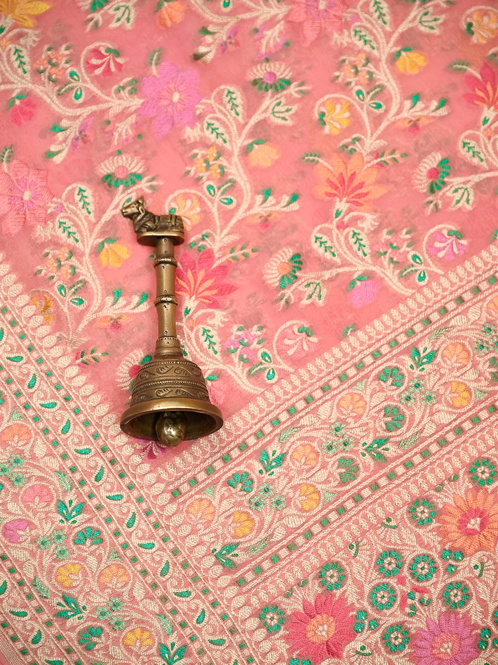 Pastel Peach Meenakari Jaal Khaddi Georgette Handloom Banarasi Saree - Sacred Weaves