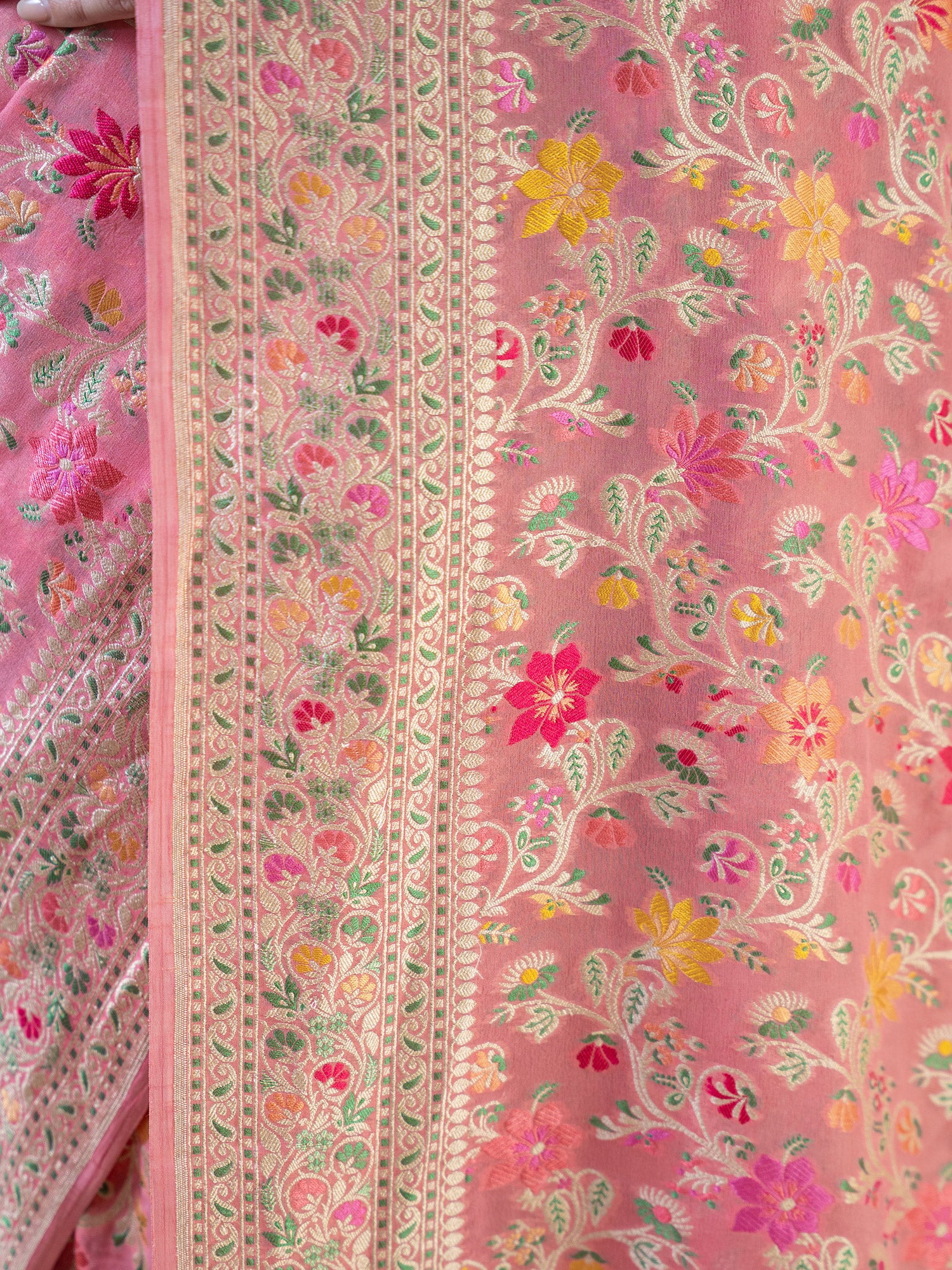 Pastel Peach Meenakari Jaal Khaddi Georgette Handloom Banarasi Saree - Sacred Weaves