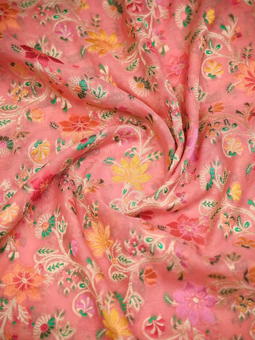Pastel Peach Meenakari Jaal Khaddi Georgette Handloom Banarasi Saree - Sacred Weaves