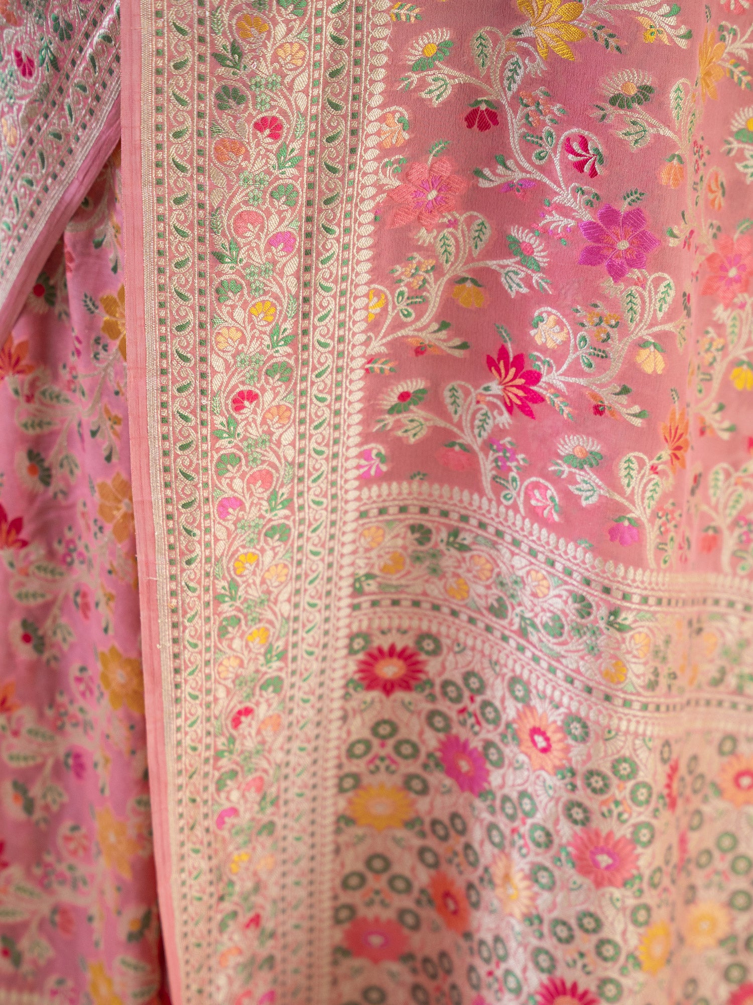 Pastel Peach Meenakari Jaal Khaddi Georgette Handloom Banarasi Saree - Sacred Weaves