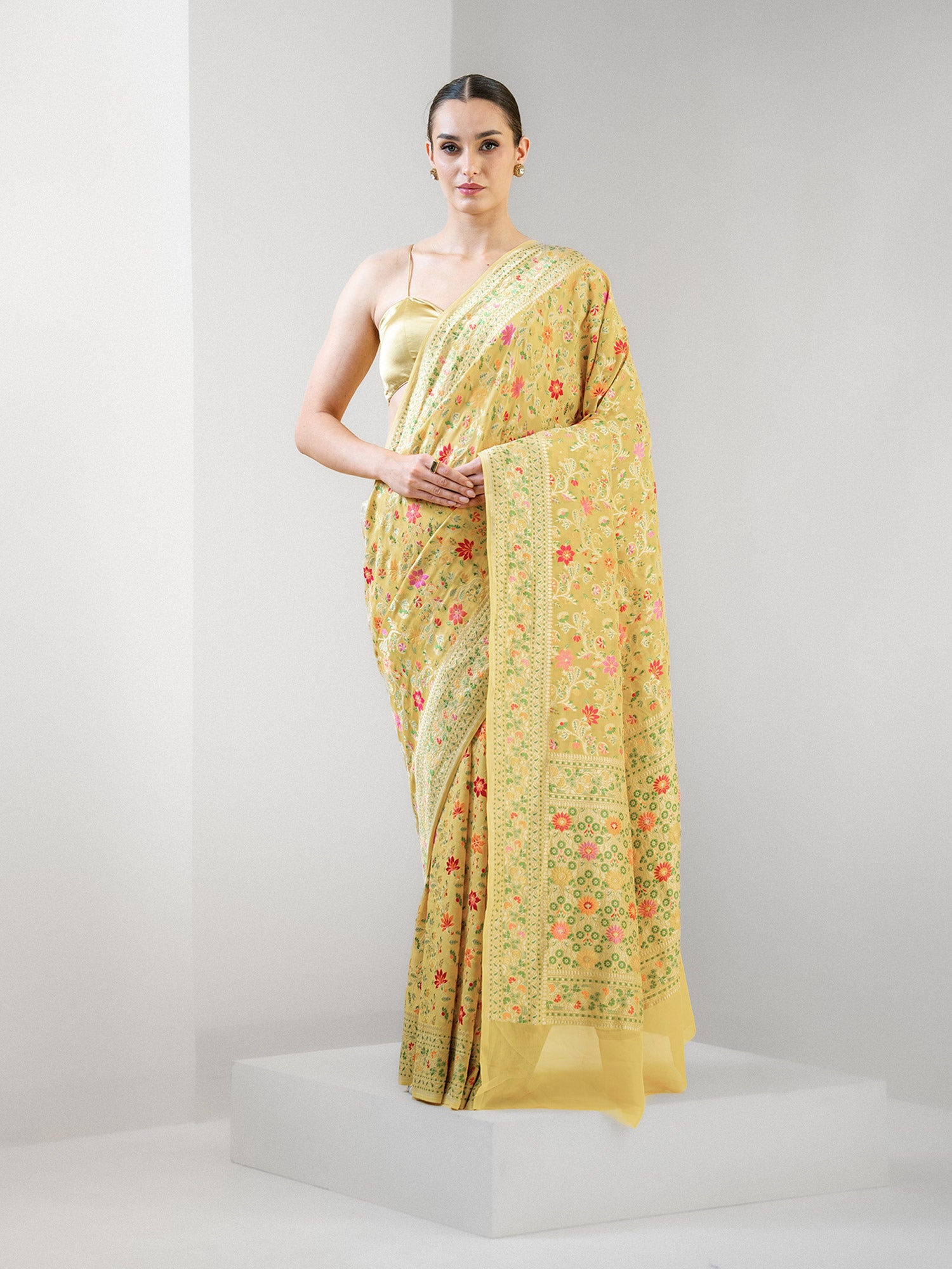 Yellow Meenakari Jaal Khaddi Georgette Handloom Banarasi Saree - Sacred Weaves