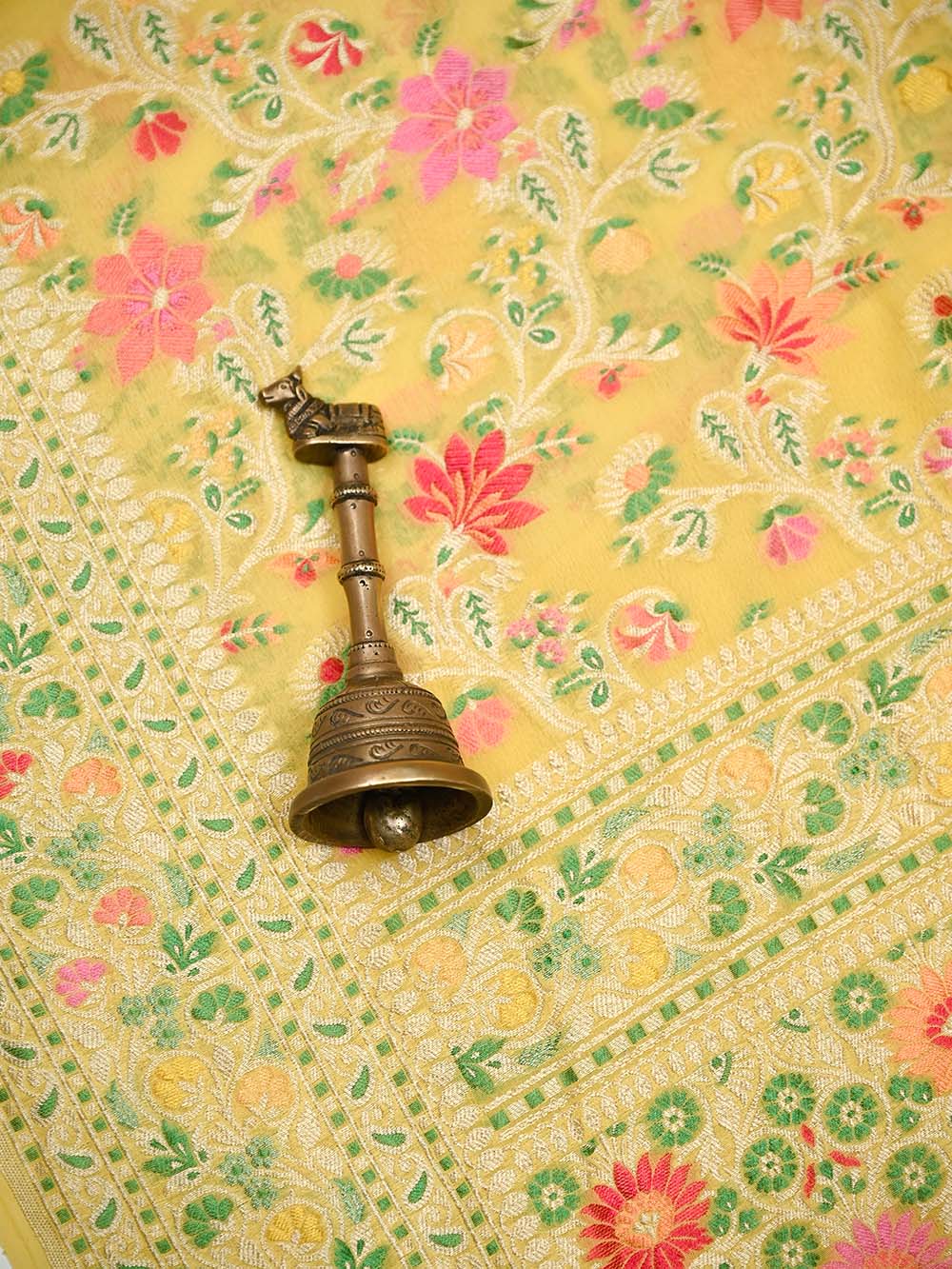 Yellow Meenakari Jaal Khaddi Georgette Handloom Banarasi Saree - Sacred Weaves