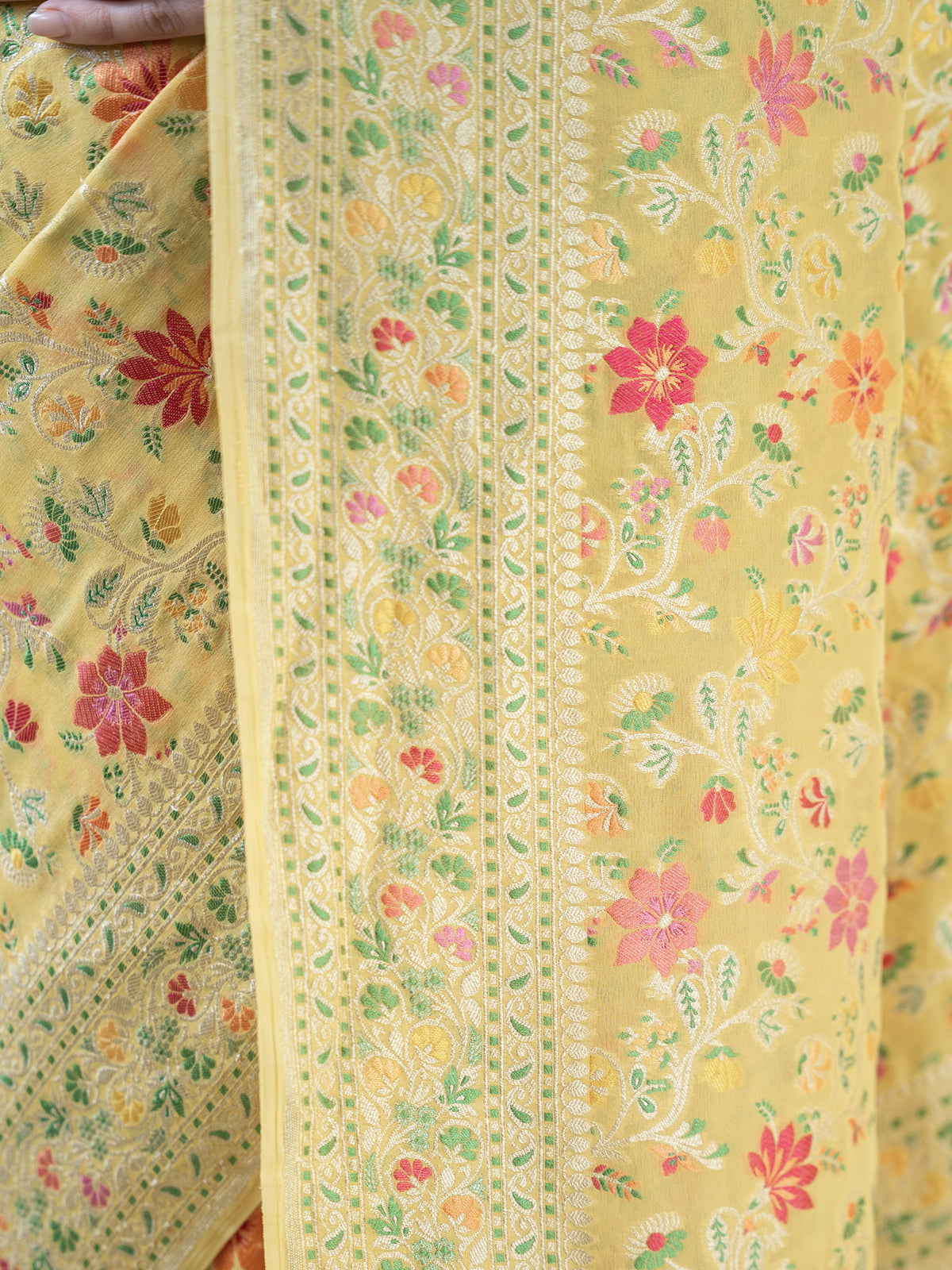 Yellow Meenakari Jaal Khaddi Georgette Handloom Banarasi Saree - Sacred Weaves