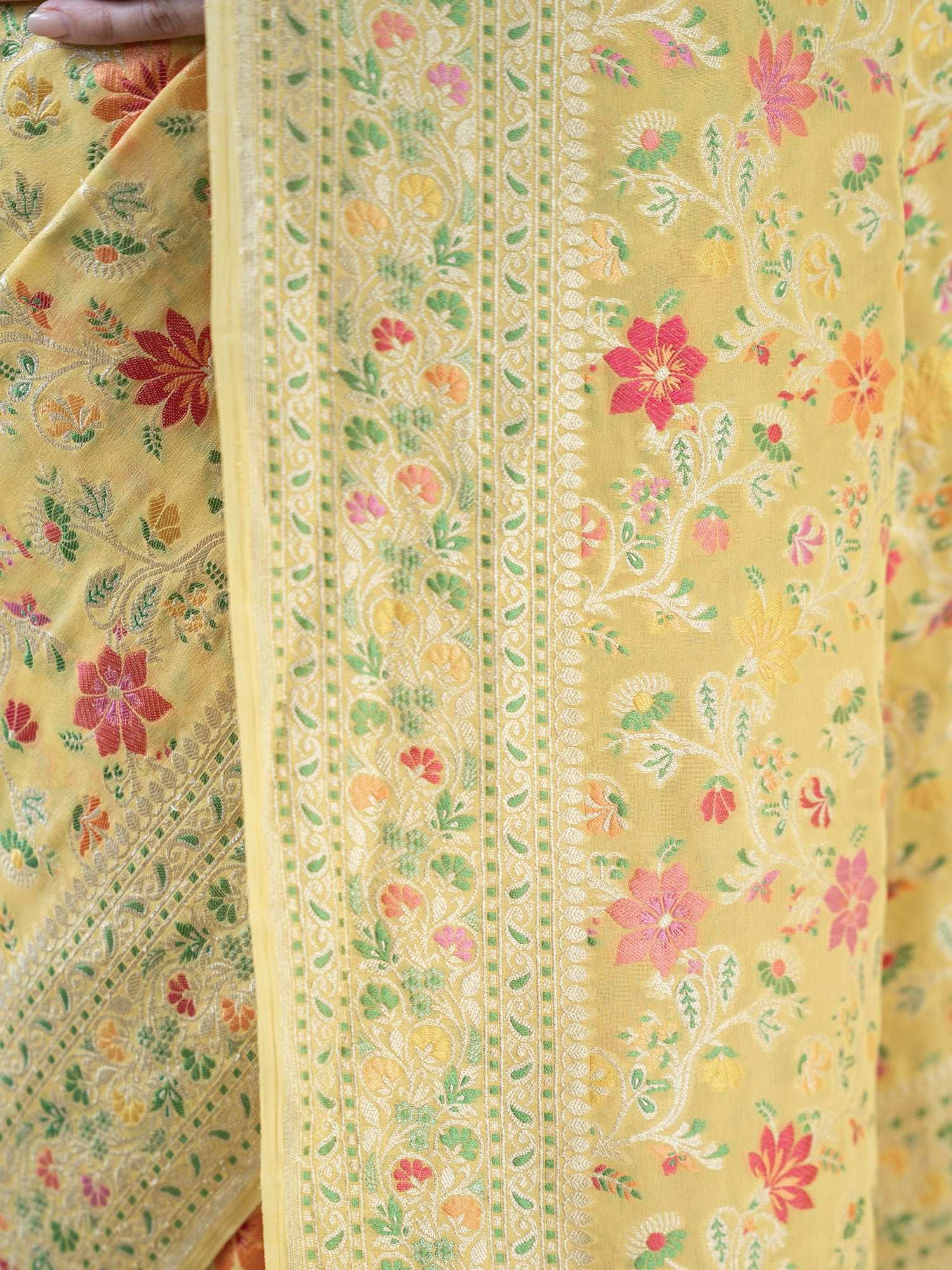 Yellow Meenakari Jaal Khaddi Georgette Handloom Banarasi Saree - Sacred Weaves