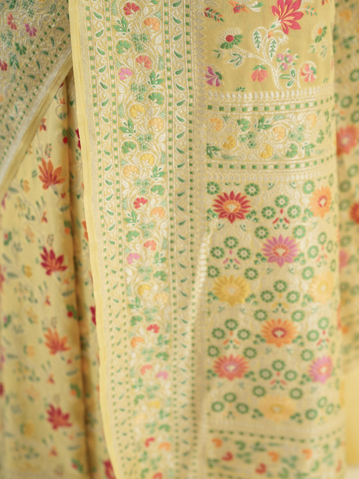 Yellow Meenakari Jaal Khaddi Georgette Handloom Banarasi Saree - Sacred Weaves