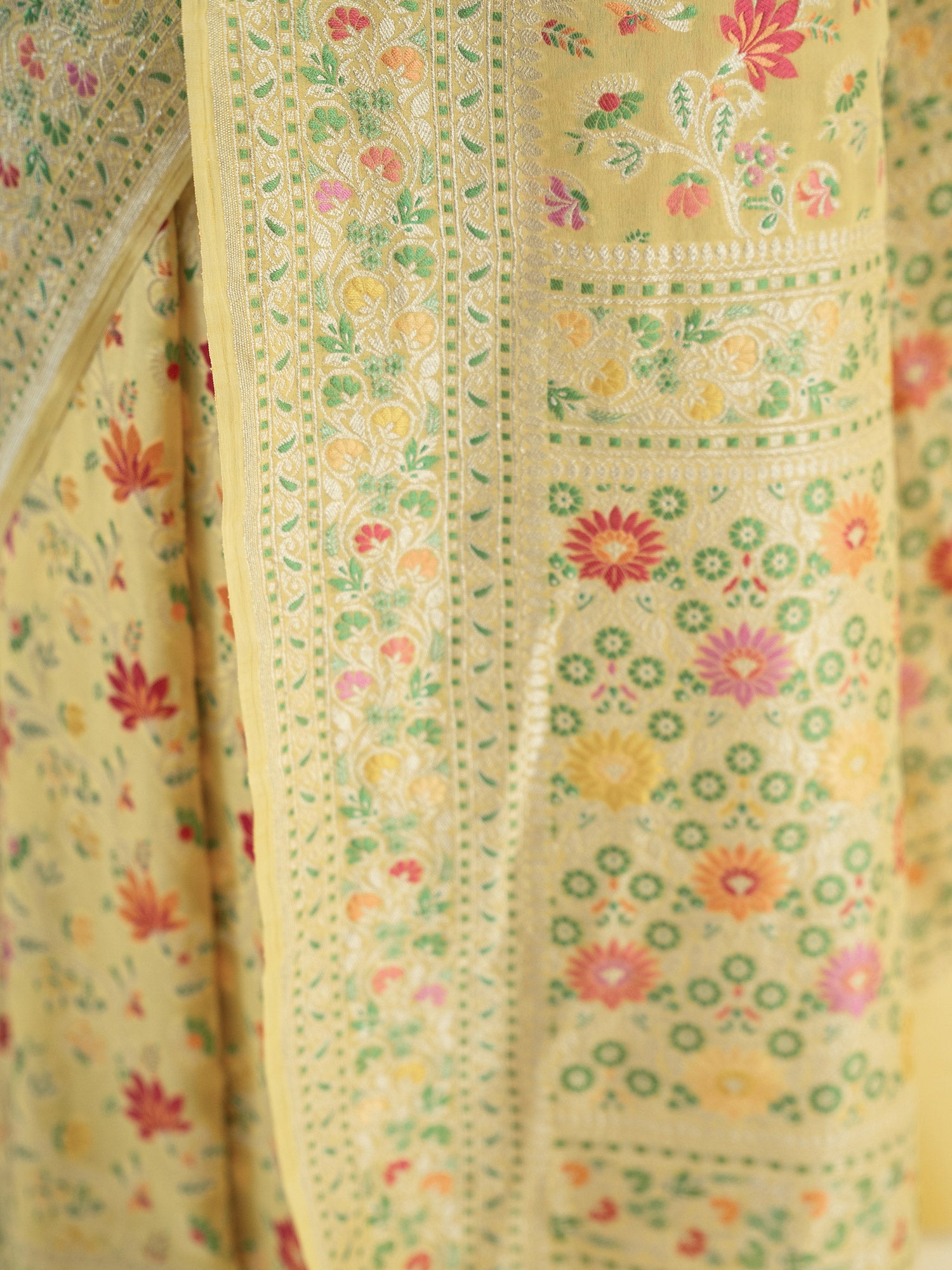 Yellow Meenakari Jaal Khaddi Georgette Handloom Banarasi Saree - Sacred Weaves