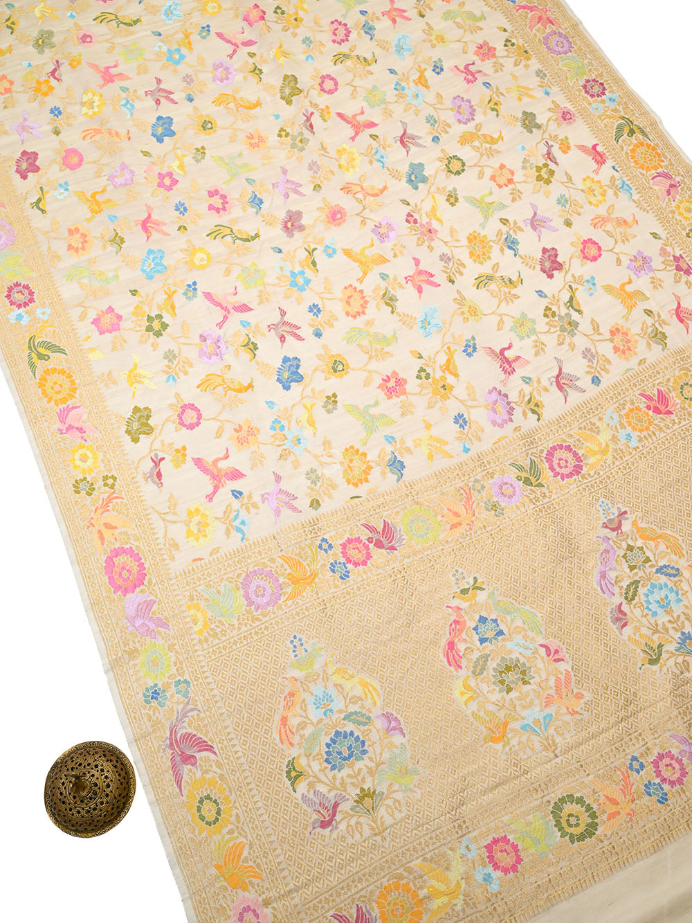 Off White Jaal Meenakari Moonga Tussar Silk Handloom Banarasi Saree - Sacred Weaves