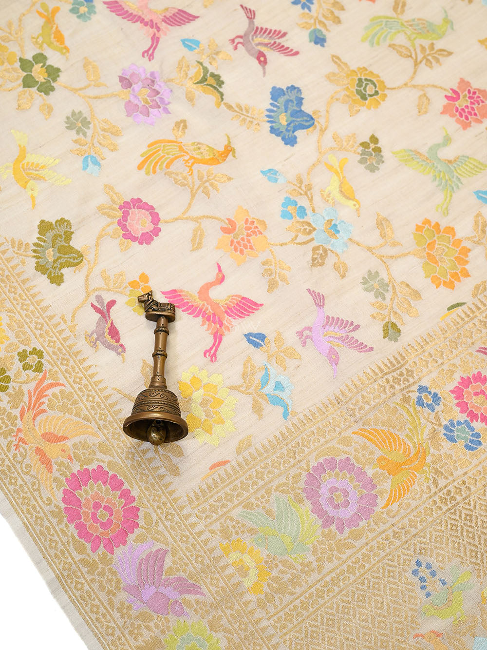 Off White Jaal Meenakari Moonga Tussar Silk Handloom Banarasi Saree - Sacred Weaves