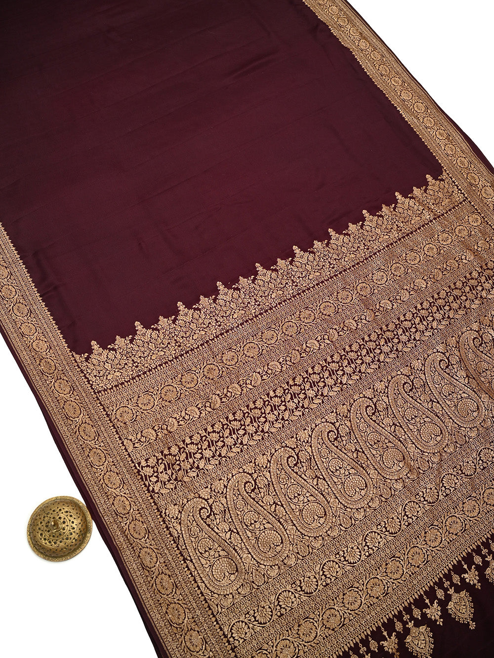 Dark Brown Plain Crepe Silk Handloom Banarasi Saree - Sacred Weaves