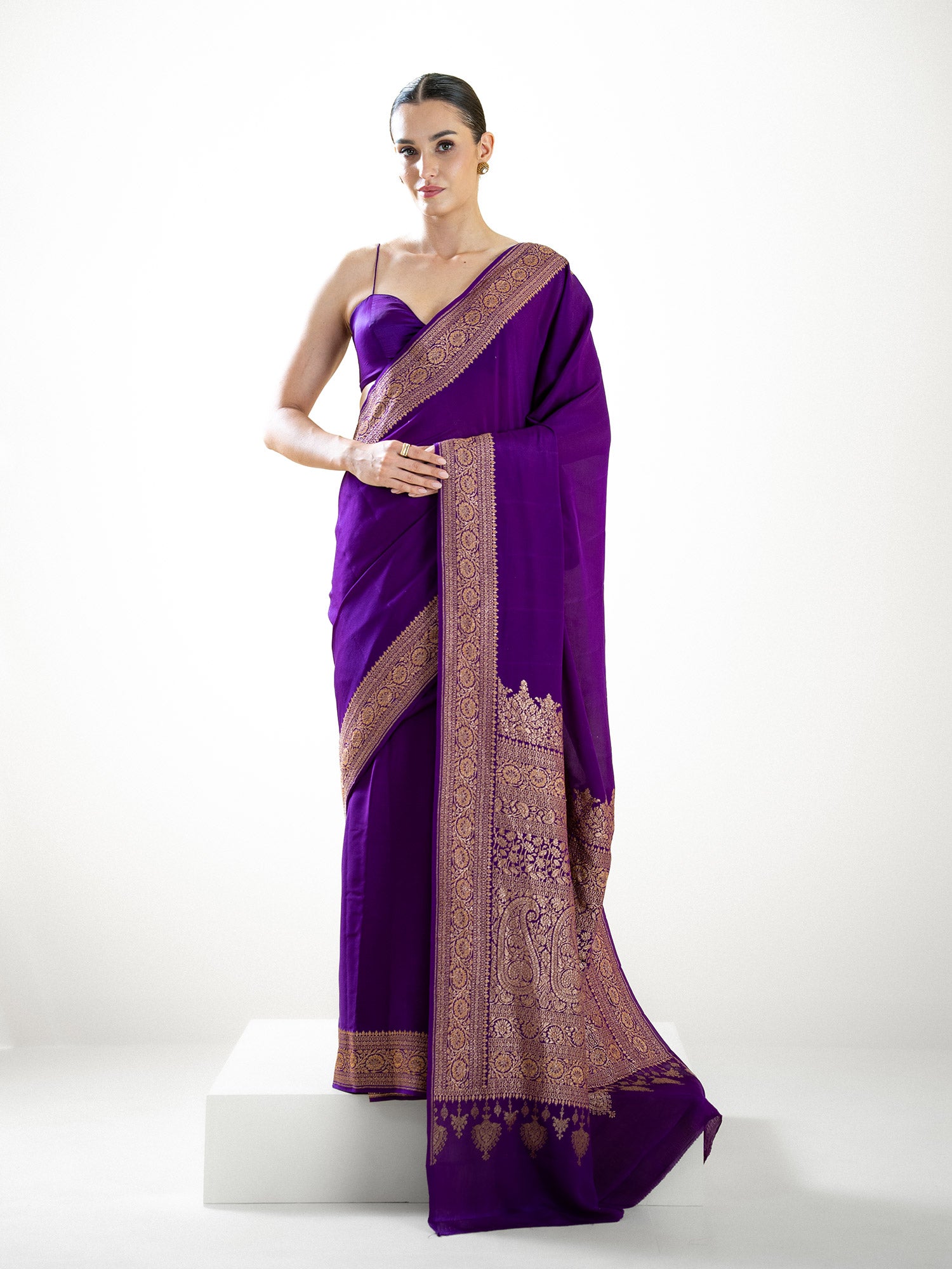 Purple Plain Crepe Silk Handloom Banarasi Saree - Sacred Weaves