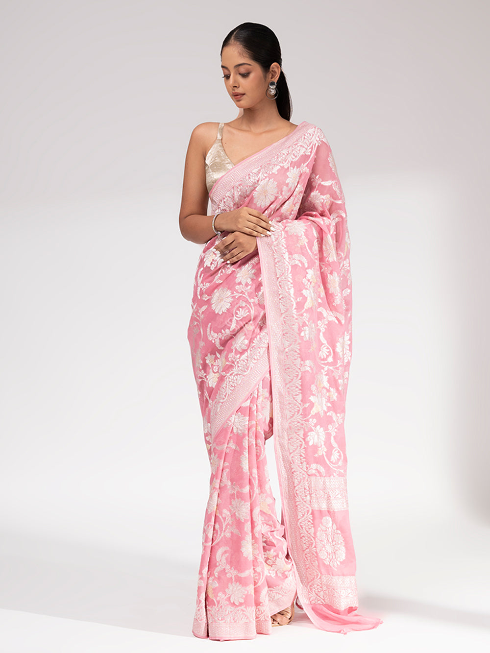 Pastel Pink Khaddi Georgette Handloom Banarasi Saree - Sacred Weaves