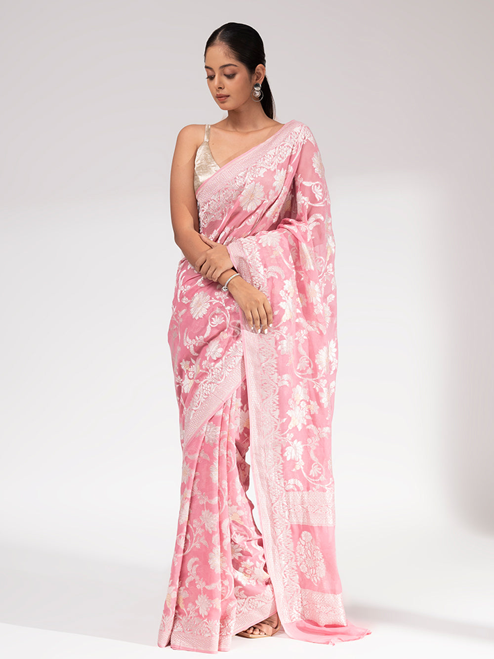 Pastel Pink Khaddi Georgette Handloom Banarasi Saree - Sacred Weaves