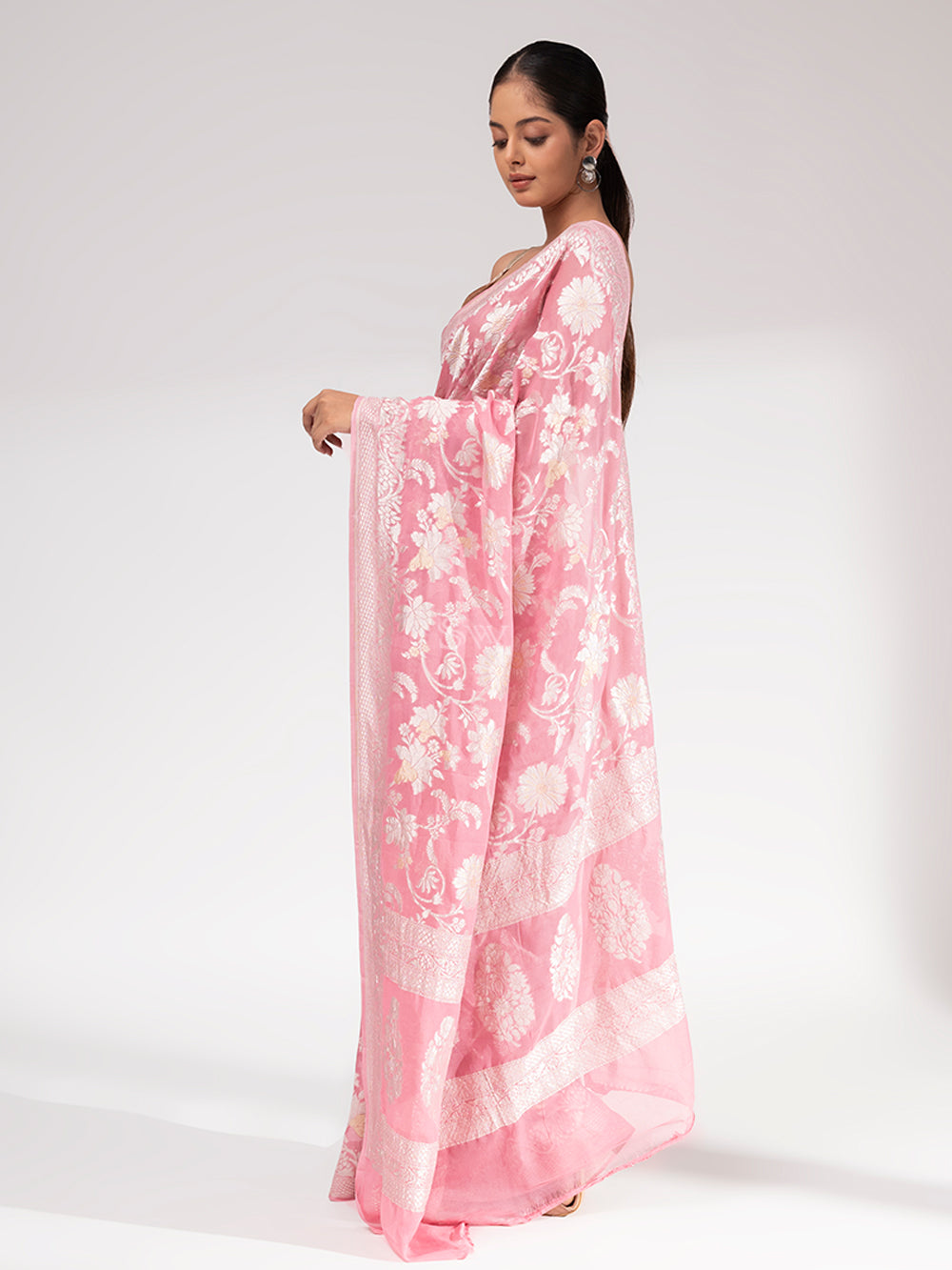 Pastel Pink Khaddi Georgette Handloom Banarasi Saree - Sacred Weaves