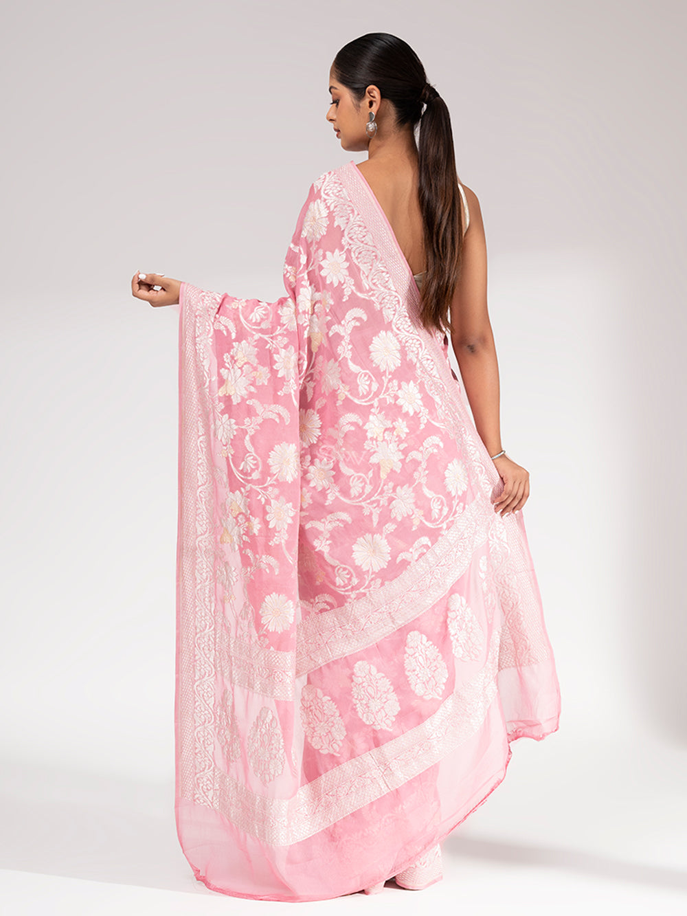 Pastel Pink Khaddi Georgette Handloom Banarasi Saree - Sacred Weaves
