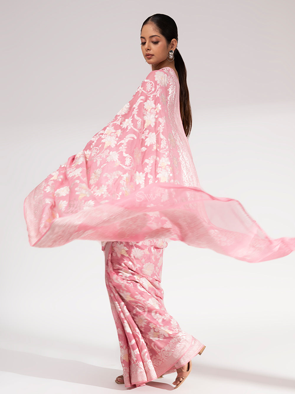 Pastel Pink Khaddi Georgette Handloom Banarasi Saree - Sacred Weaves